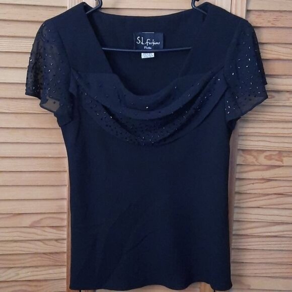 SL Fashions Tops - S. L. Fashions Petite Jeweled Black Cap Sleeve Top Size 8P